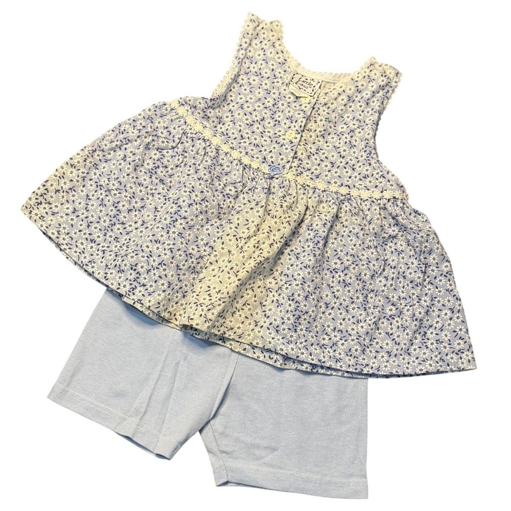 VTG Little‎ Lass Girls 4T 2-Pcs Matching Outfit Baby Blue 90's Floral Lace Retro